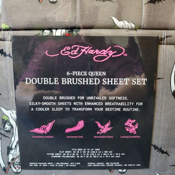 Ed Hardy Grim Reaper 6 Piece Queen Double Brushed Sheet Set - Picture 3 of 6
